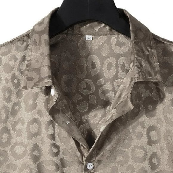 Grey Mens leopard print Button Up Tee Shirt - Picture 5 of 7
